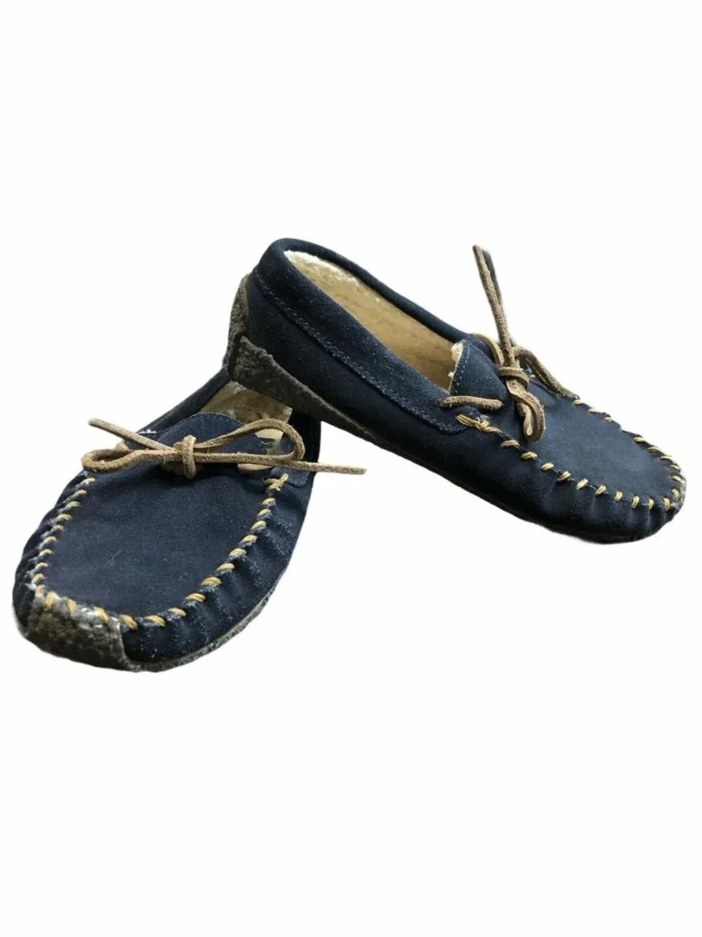 Lands End Moccasin Slippers Boys 2M Tan Navy Blue Suede Leather Faux Fur Lining